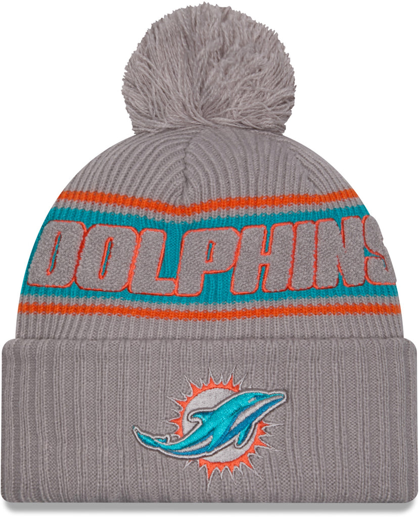 Miami Dolphins New Era NFL 2024 Sideline Sport Knit Grey Bobble Hat - pumpheadgear, baseball caps